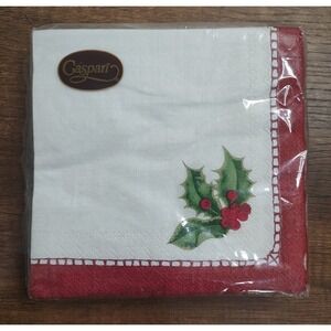 Vtg Caspari Paper Luncheon Napkins Christmas Holly Linen 20ct 25cm Square A2